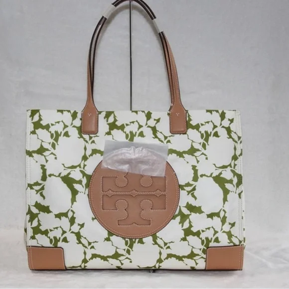 NWT Tory Burch 151611 Ella Nylon Floral Tote Green Bold Flower Large Logo Bag - Picture 2 of 8